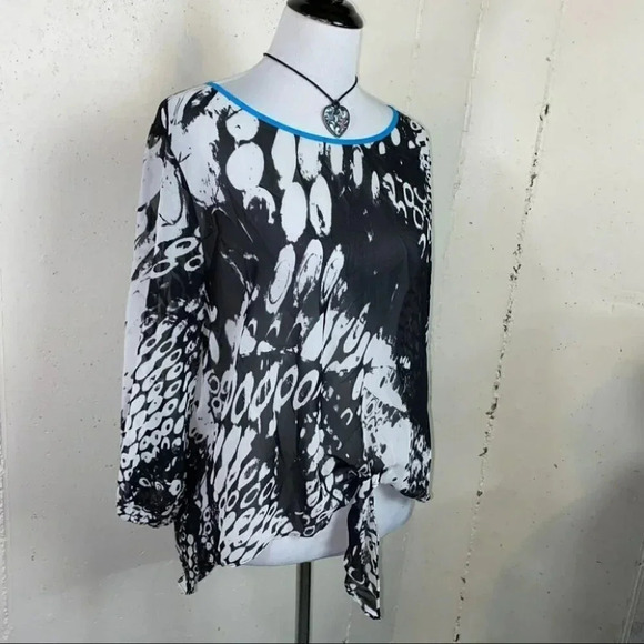 ANA XL white/black/blue trim front tie‎ sheer tunic - Picture 2 of 5